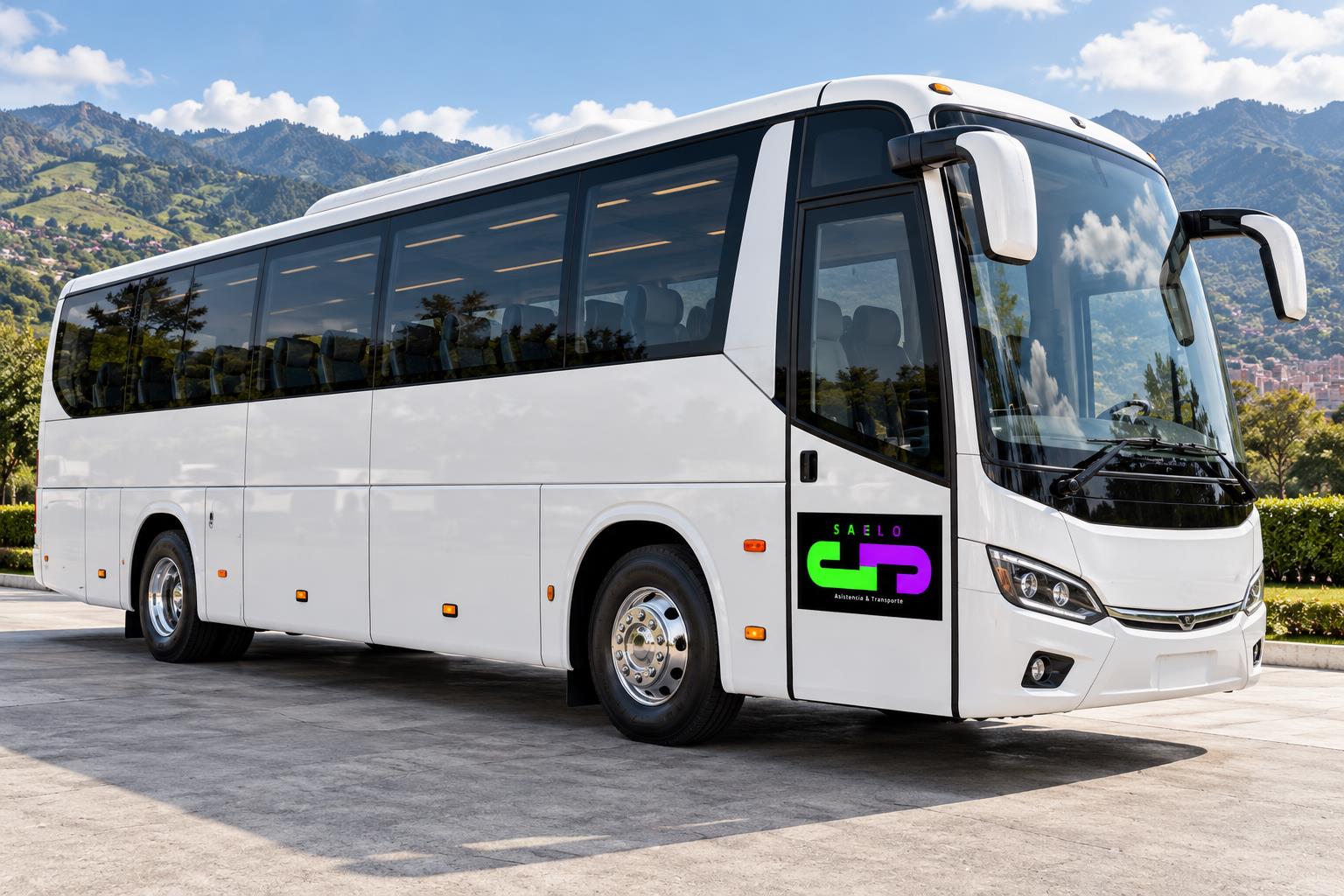 Ilustración de buses con el logo de SAELO en la puerta
