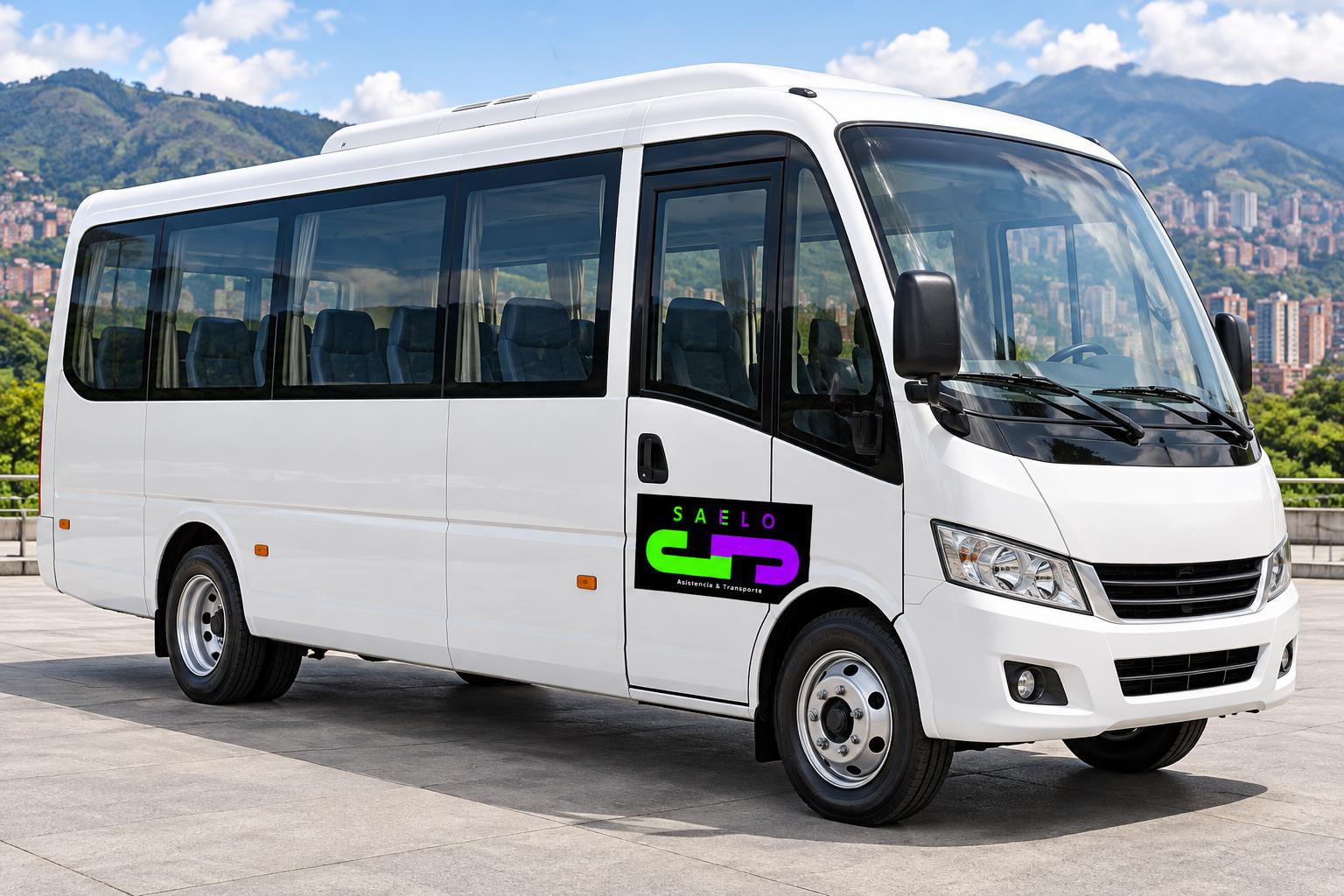 Ilustración de microbuses con el logo de SAELO en la puerta