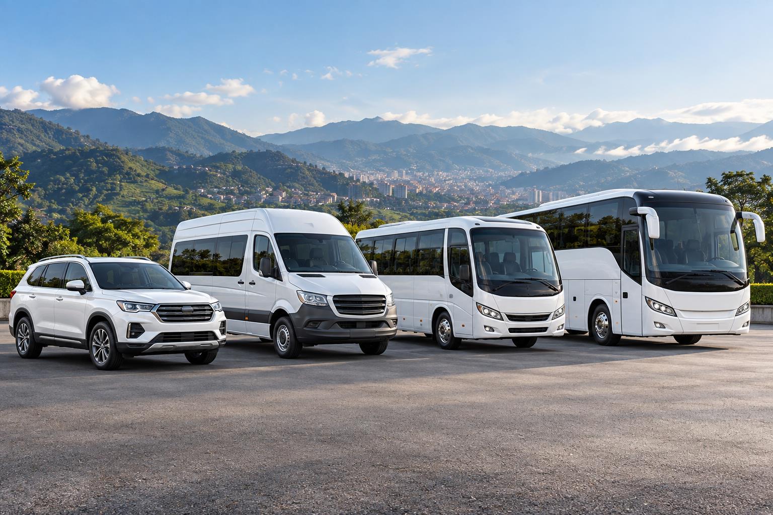Ilustración de camioneta, van, microbús y bus para transporte especial de pasajeros.